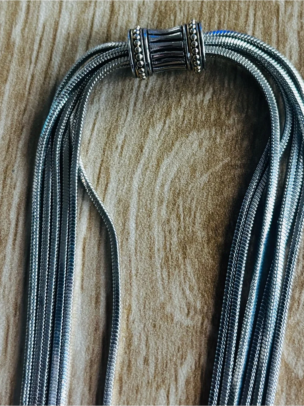 Sterling Silver Multi Strand Necklace with onyx, pearl and Angelite pendant